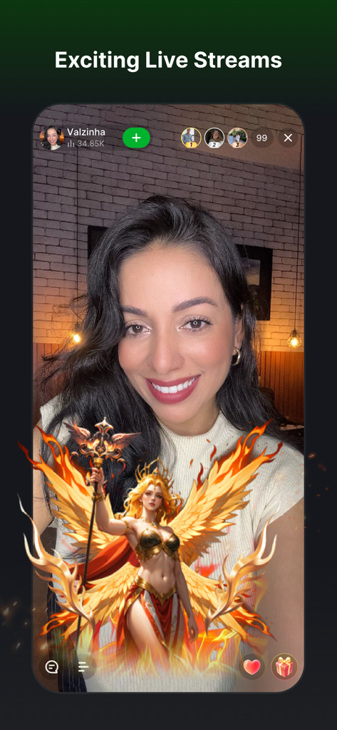 A live stream on the Alii app featuring a female streamer and a golden angel virtual gift effect