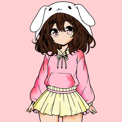 pretty anime girl wearing a fluffy hoodie with bunny ears on the hood and a skirt