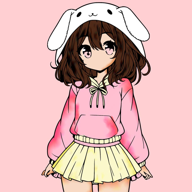 pretty anime girl wearing a fluffy hoodie with bunny ears on the hood and a skirt