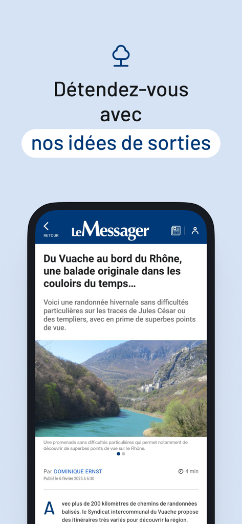 Captura de pantalla de la aplicación Le Messager que muestra un artículo de noticias local sobre senderismo y salidas en Haute-Savoie.