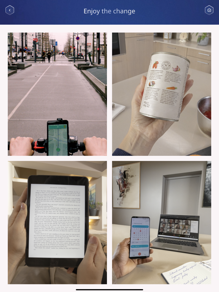 Cuatro imágenes de estilo de vida que ilustran los beneficios visuales de las lentes Varilux para leer, trabajar y navegar.