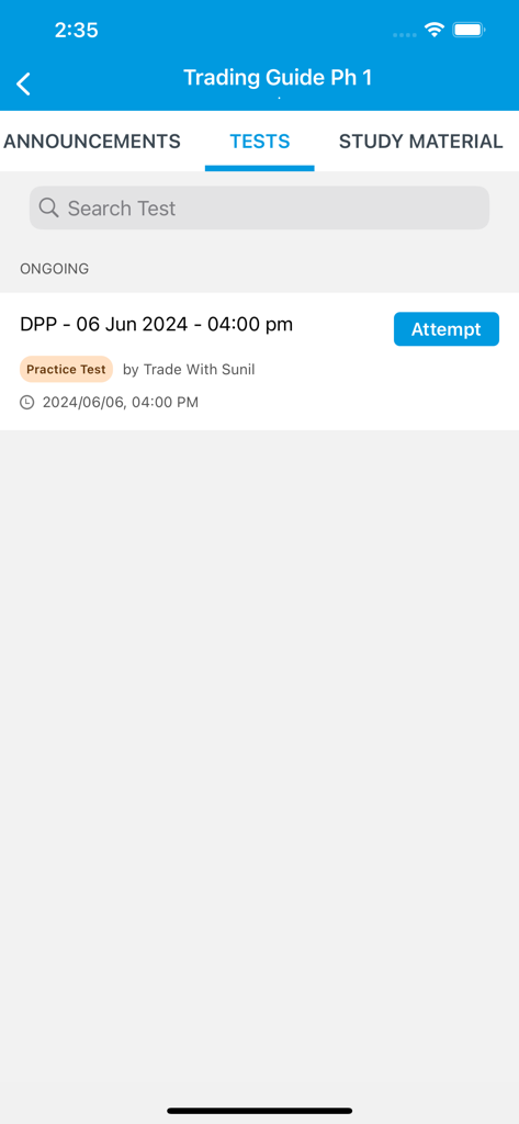 TRADE WITH SUNIL - Écran de l'application mobile Trade With Sunil montrant la section des tests avec un test pratique en cours intitulé DPP