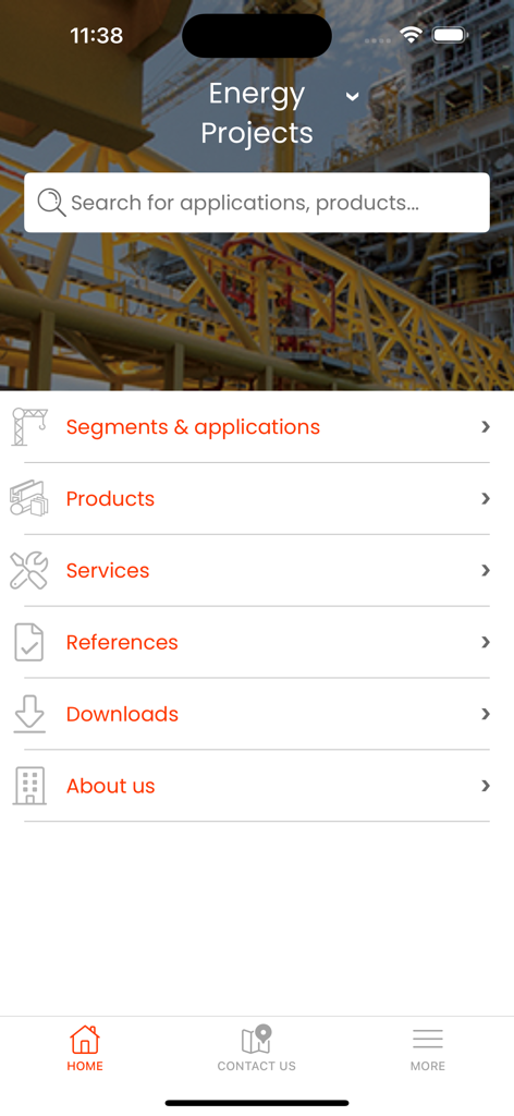 ArcelorMittal Projects - ArcelorMittal Projects app home screen displaying energy project navigation menu
