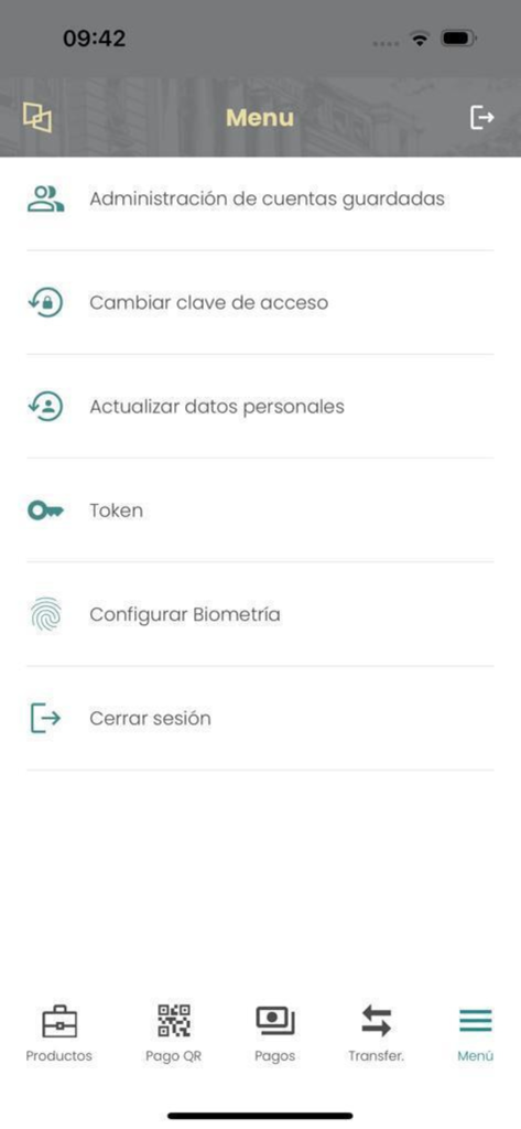 BNF Móvil - Menu screen of the BNF Movil banking app showing settings for account management security and biometrics