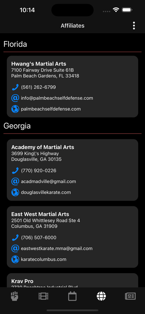 Krav Maga Pro - A directory of affiliated martial arts schools in Florida and Georgia featuring addresses and contact information