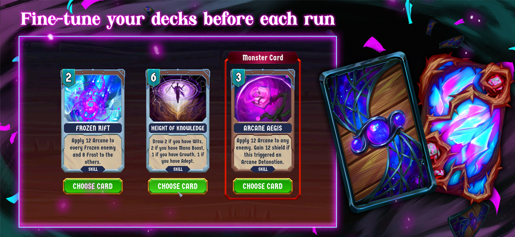 Breach Wanderers: Deckbuilder - Card selection screen in Breach Wanderers showing three magical skill cards with different effects and mana costs