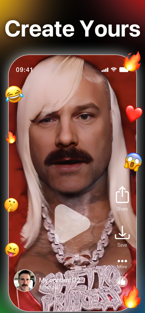 FaceAi: Face Swap Any Video - Una captura de pantalla de la aplicación FaceAi que muestra el rostro de un hombre intercambiado por el cuerpo de una mujer rubia en un video humorístico estilo redes sociales.