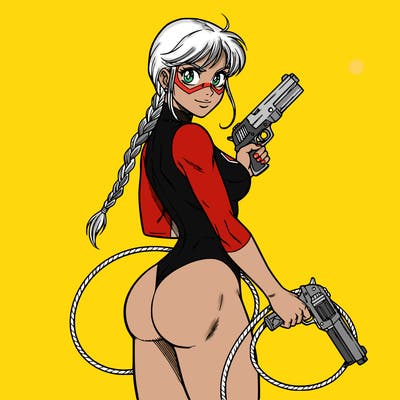 supergirl, body suit with mask, she carries a whip and a gun, blank background, no cape, long braids, she looks powerful and strong