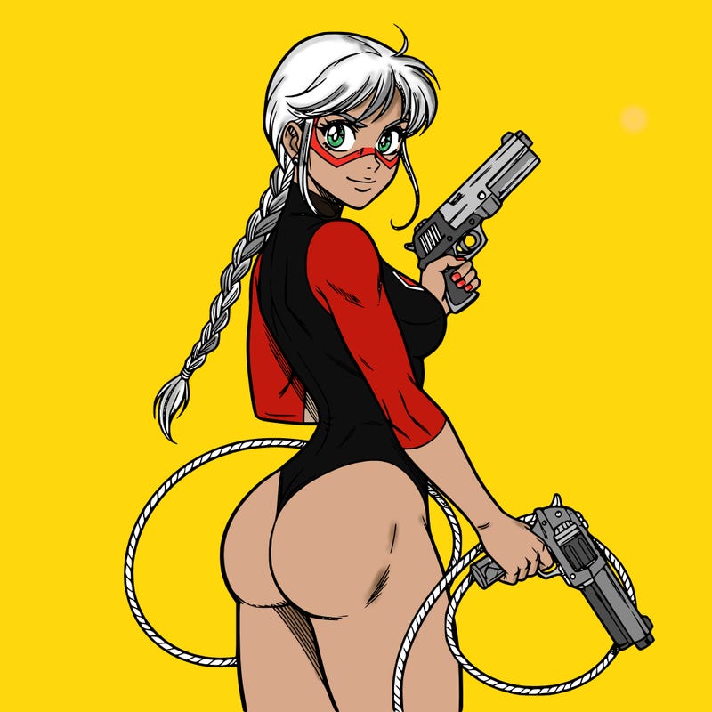 supergirl, body suit with mask, she carries a whip and a gun, blank background, no cape, long braids, she looks powerful and strong