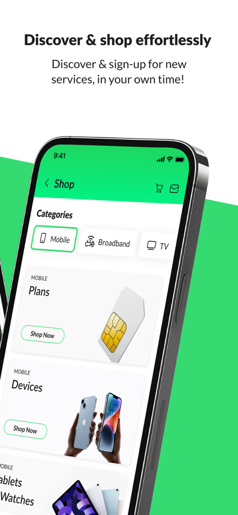 Interface of the StarHub app shop section showing categories for mobile broadband and TV services with sections for plans and devices