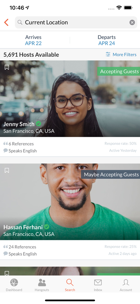 Couchsurfing Travel App - Interface do aplicativo móvel Couchsurfing exibindo perfis de anfitriões locais em São Francisco com selos de verificação e status de disponibilidade