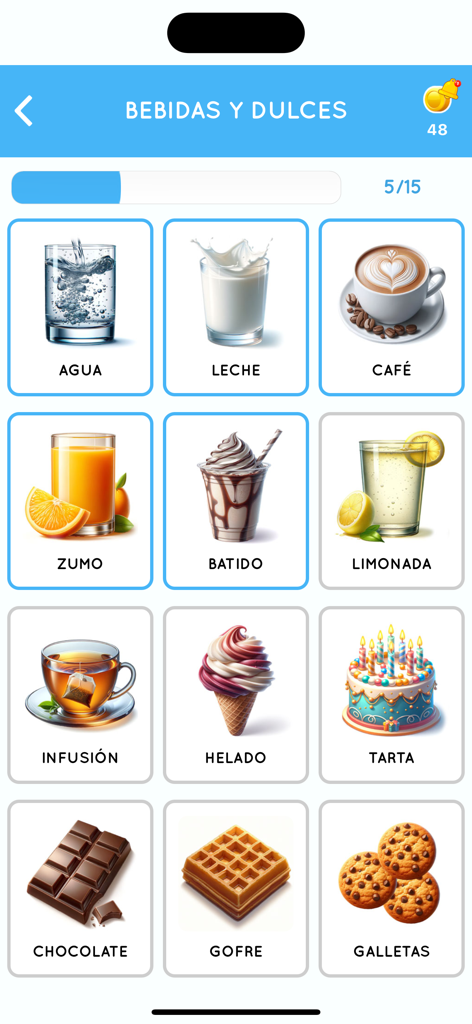 Learn Spanish for Beginner - Spanish language learning app screen displaying vocabulary for beverages and sweets with images