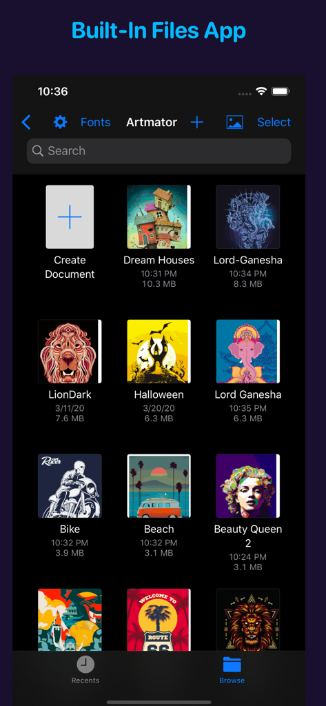 Artmator - Artmator App-Galerieansicht mit Vektorillustrationsprojekten und integriertem Dateien-App-Management im Dark Mode
