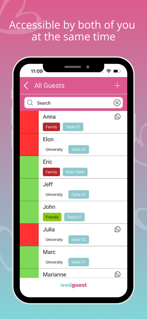 Wedding Guest List. WedGuest - A minimalist mobile app interface showing a shared wedding guest list with color coded attendance status and table assignments