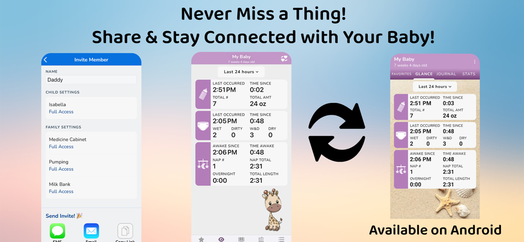 ParentLove baby tracker app interface demonstrating real-time data syncing and caregiver invitation features for sharing baby logs.