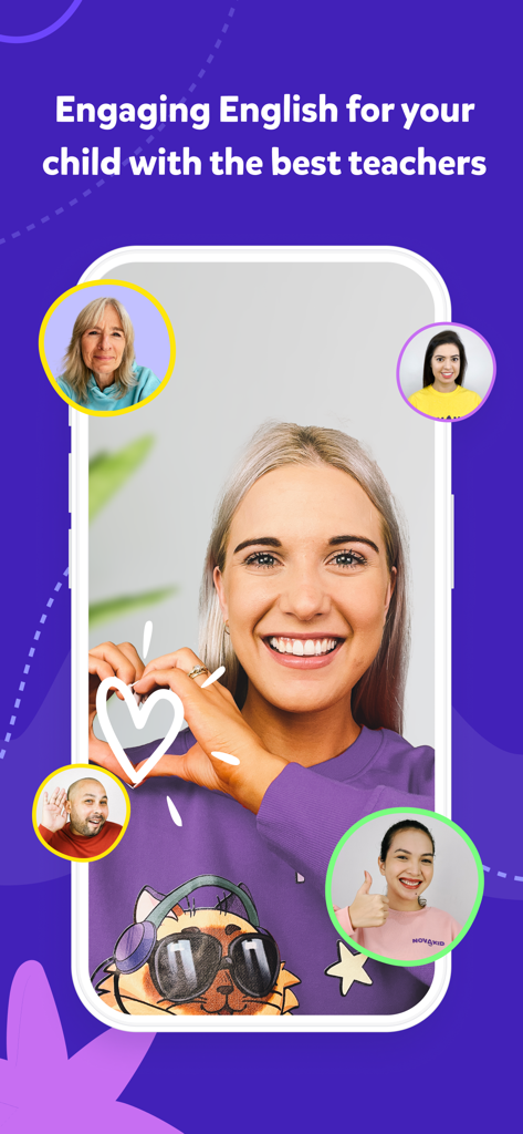 NOVAKID English school - Smartphone screen displaying the Novakid app with several friendly and diverse native English teachers for kids