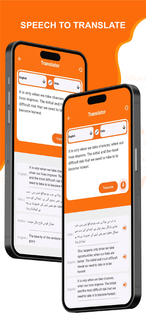 Speak & Translate All Language - Speak and Translate app interface showing English to Urdu speech translation on two iPhones