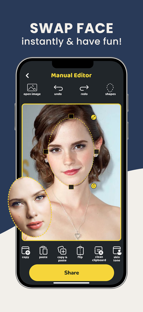 Interface of the Faceover app manual editor showing the face selection and swapping process