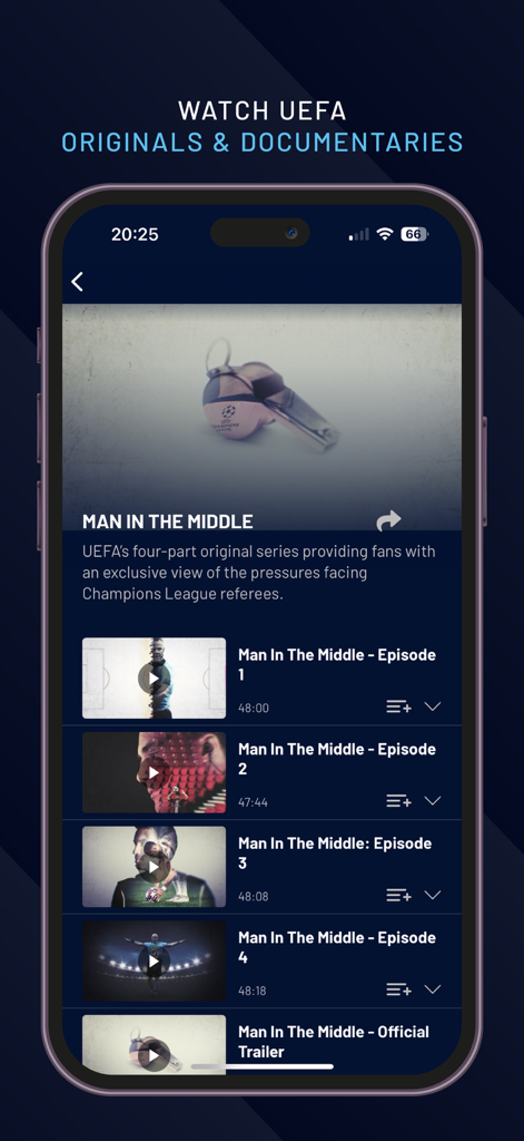 UEFA.tv - UEFA.tv App-Bildschirm, der Original-Dokumentarserien über Fußball wie Man in the Middle auf einer mobilen Oberfläche zeigt.