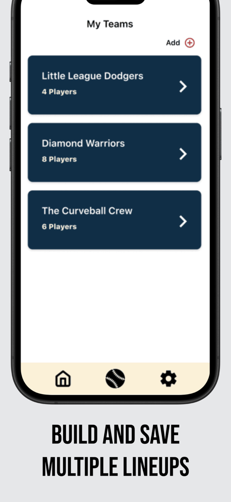Baseball Walk-Up Songs - Mobile screen showing multiple baseball and softball team lineups for easy management