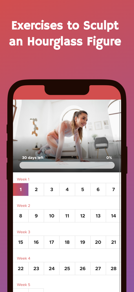 Workouts For Hourglass Figure - App screen showing a 30-day workout challenge to sculpt an hourglass figure with a calendar view of exercises