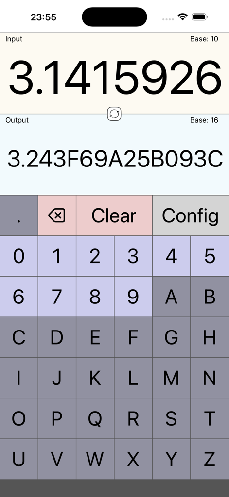 Numeral (Numeral Systems) - Interfaccia dell'app Numeral che mostra una conversione in virgola mobile da decimale a esadecimale