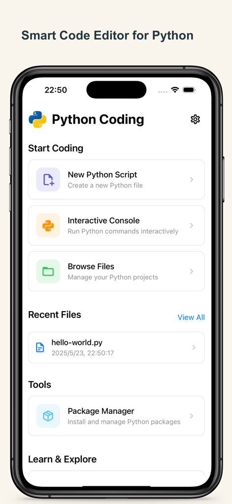 The home screen of the Python Coding app on an iPhone displaying options for a new script, interactive console, and file management tools.