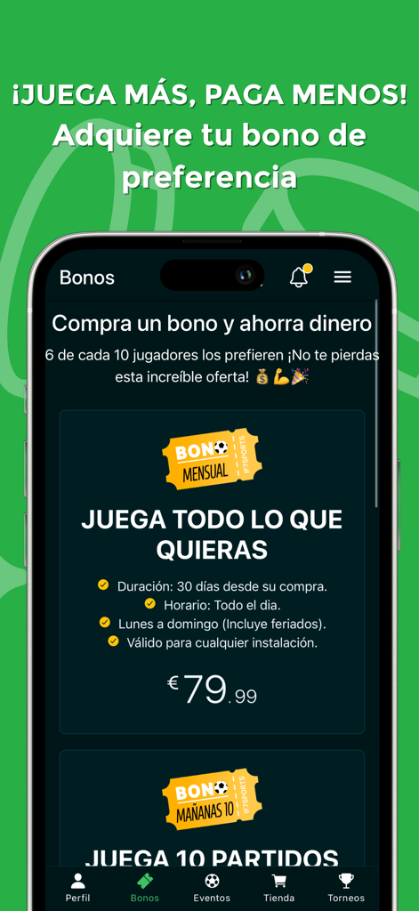 Écran de l'application IF7SPORTS montrant les passes mensuelles et multi-matchs de soccer