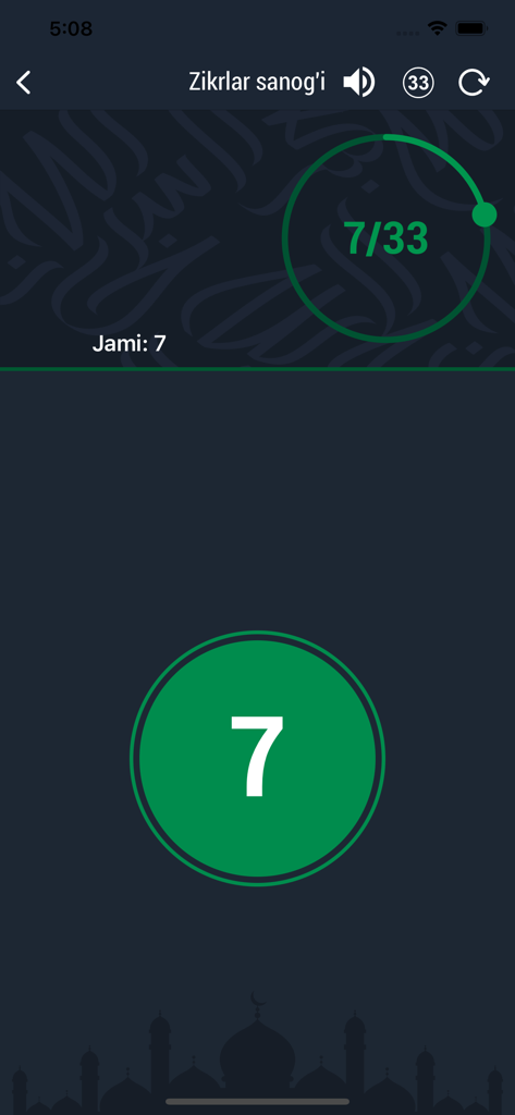Interface de contador digital de zikr do aplicativo Islom.uz