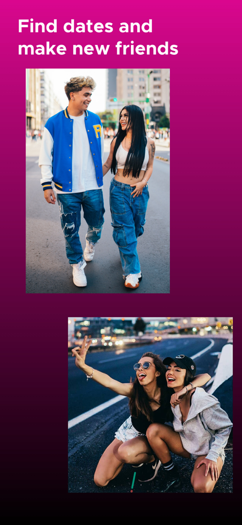 Mi Gente - Latino Dating - Young Latino couple walking and two friends posing with the text Find dates and make new friends