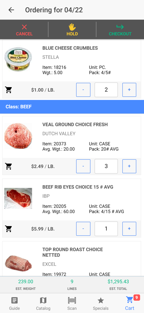 Viking Food Bermuda - B2B wholesale food ordering interface in the Viking Food Bermuda app showing a shopping cart with meat and cheese items