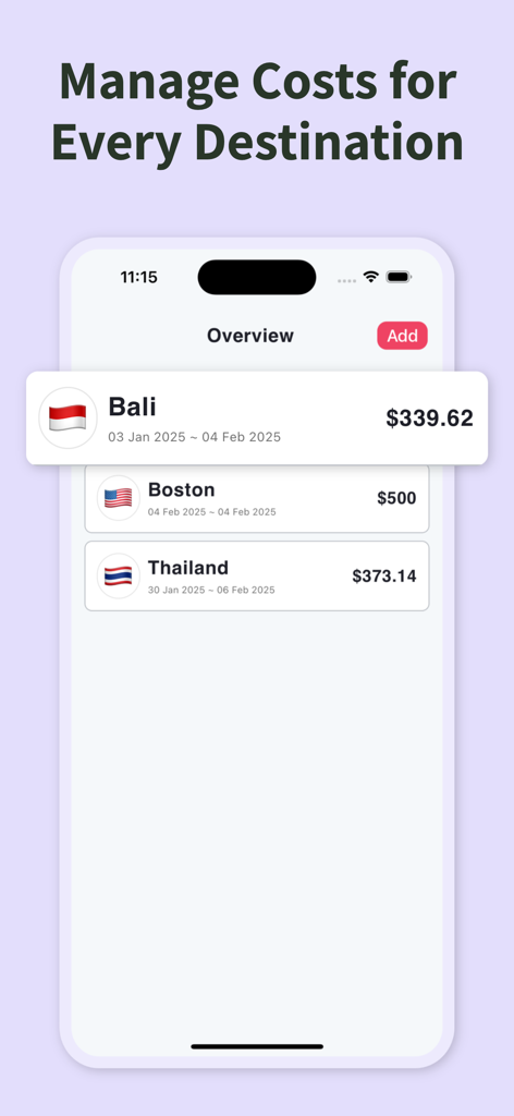 A mobile app screen titled Overview showing travel expense summaries for Bali Boston and Thailand with date ranges and total costs