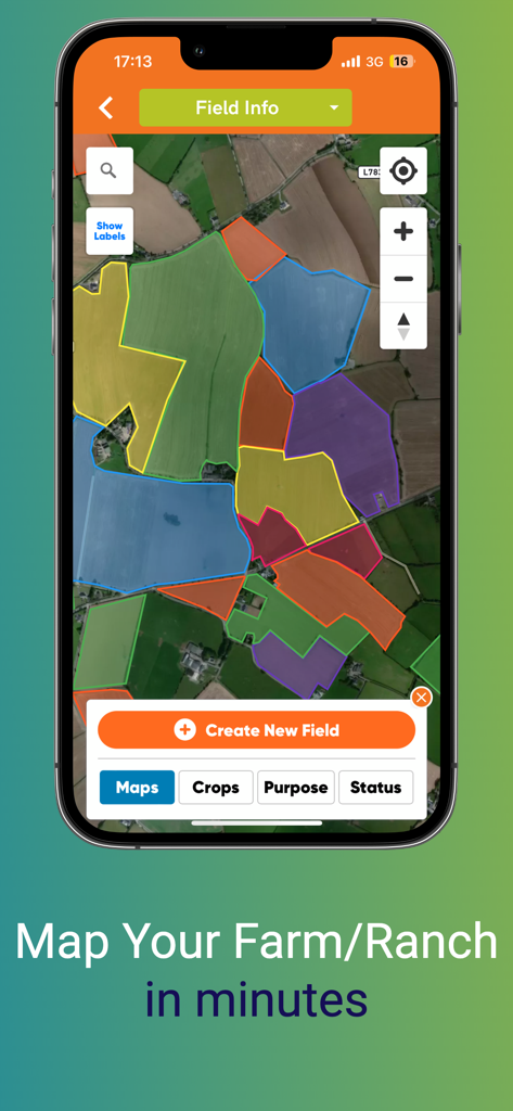 Herdwatch app interface showing a color-coded satellite map of farm fields for pasture management