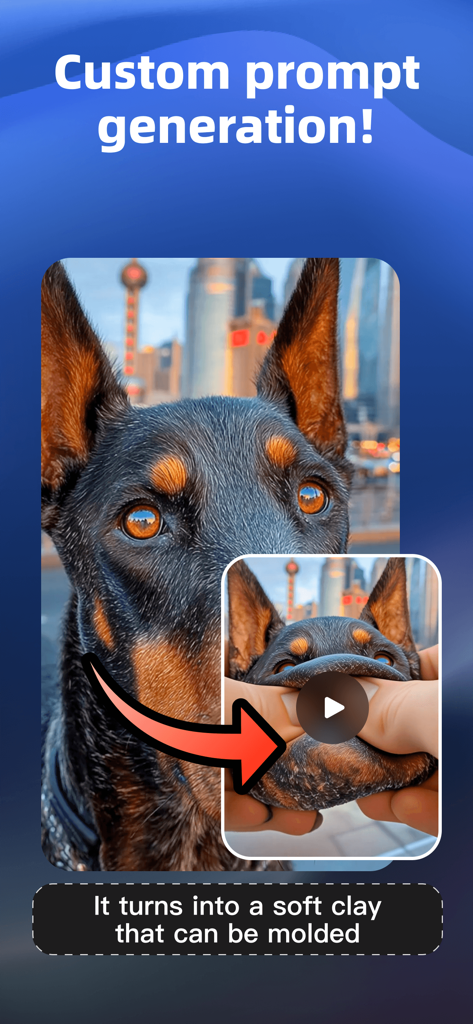 Dreamy - AI Video Generator - KI-Video-Generator, der ein Hundebild zeigt, das mit einer benutzerdefinierten Eingabeaufforderung in formbare Tonerde verwandelt wird.