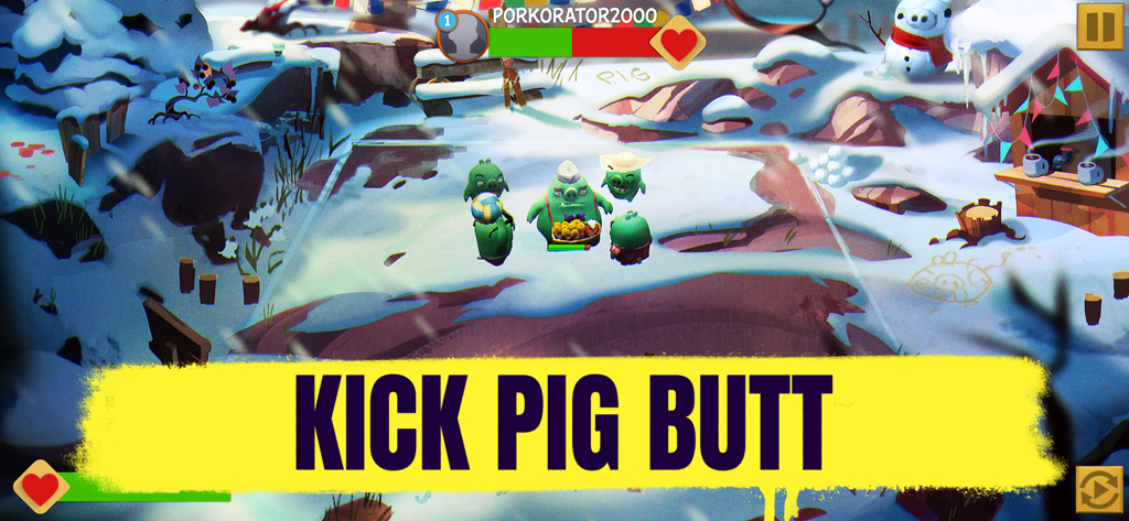 Angry Birds Evolution - Angry Birds Evolution gameplay showing a group of pigs on a snowy battlefield with the text Kick Pig Butt