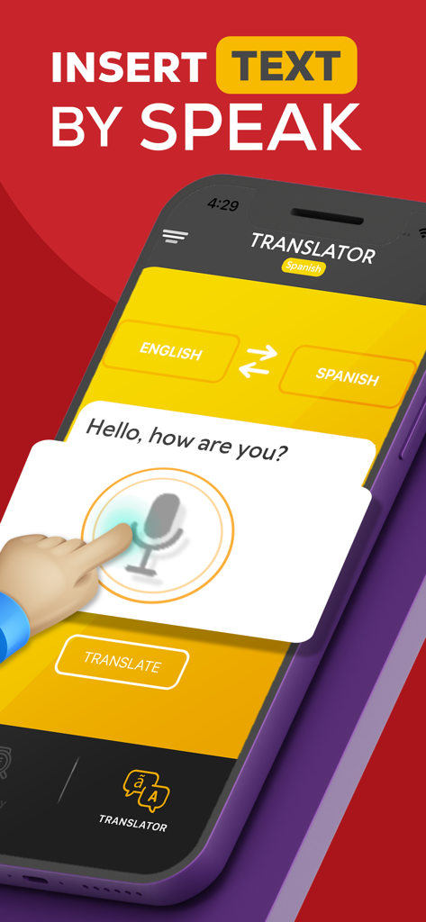 Learn Spanish Offline - Interface of the Learn Spanish Offline app showing the voice to text translation feature from English to Spanish