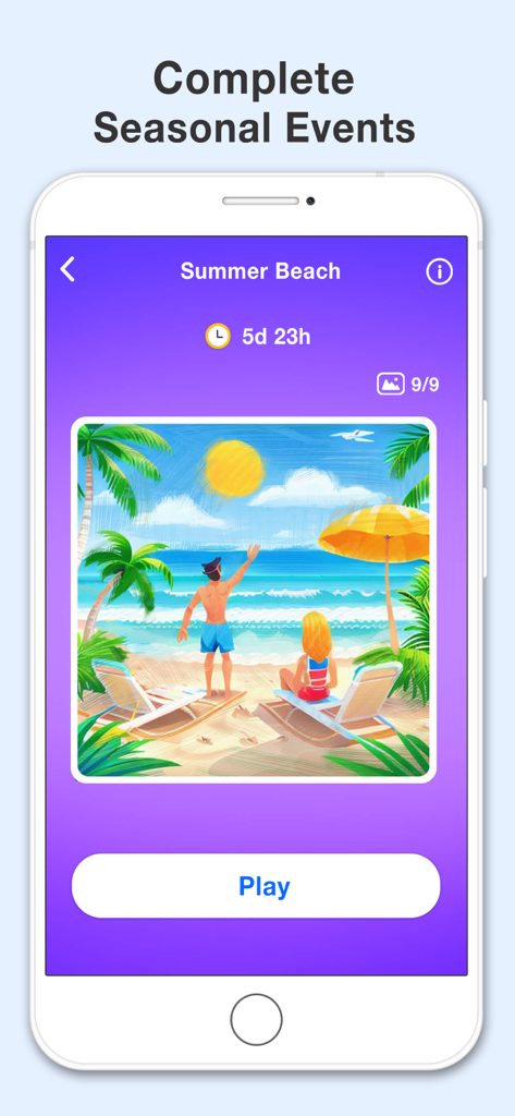 Math Cross game screen showing a summer beach seasonal event postcard