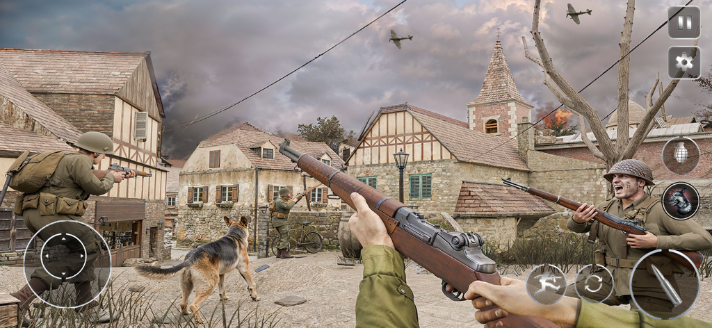First person view of a WWII soldier with a rifle and his dog companion in a village combat zone