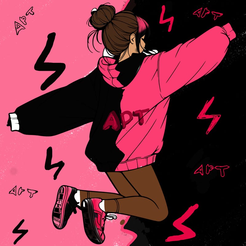 realistic girl jumping with a bun and oversized sweatshirt