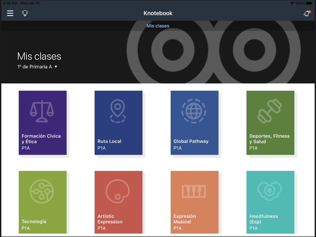 Screenshot of the Knotion DEP app Knotebook interface displaying a dashboard of colored tiles for various subjects including Technology and Global Pathway on an iPad