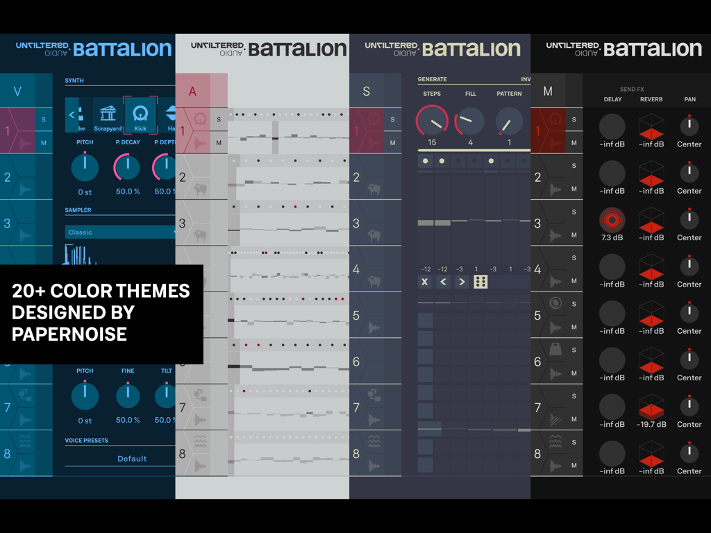 A showcase of different UI color themes for the Battalion Drum Machine designed by Papernoise.