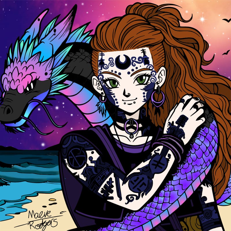 dbz anime beautiful punk woman, long light hair with crescent moon tattoo on forehead and rune tattoos down body, hugging huge water dragon pet on the beach