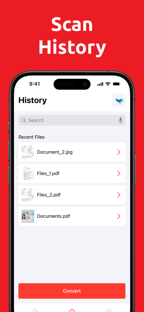 PDF Converter.ㅤ - Screenshot of the PDF Converter app scan history screen showing a list of recently converted document files like PDFs and JPGs.