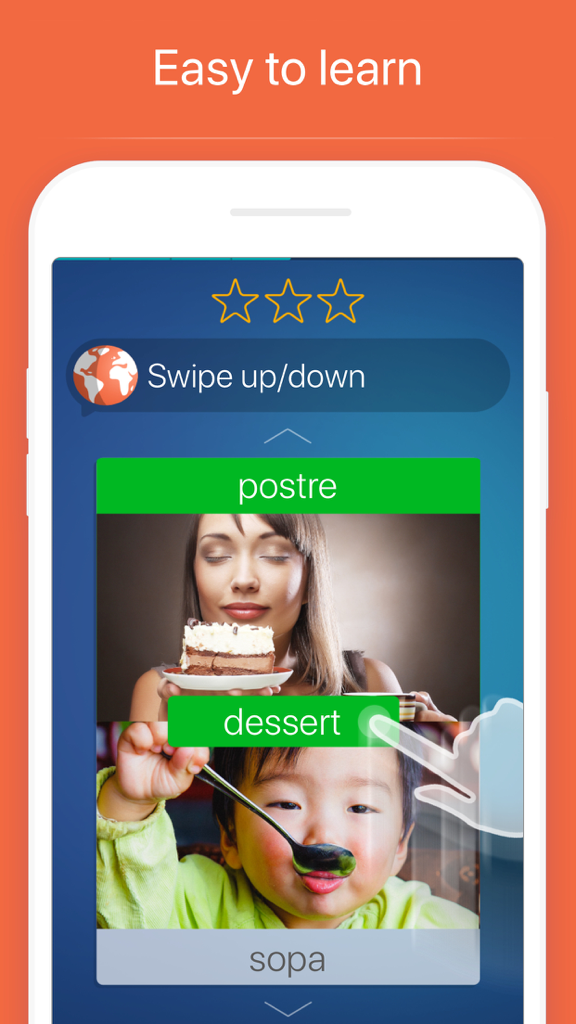 Learn English: Language Course - Mondly app interface showing a swipe based vocabulary exercise for learning English words with images