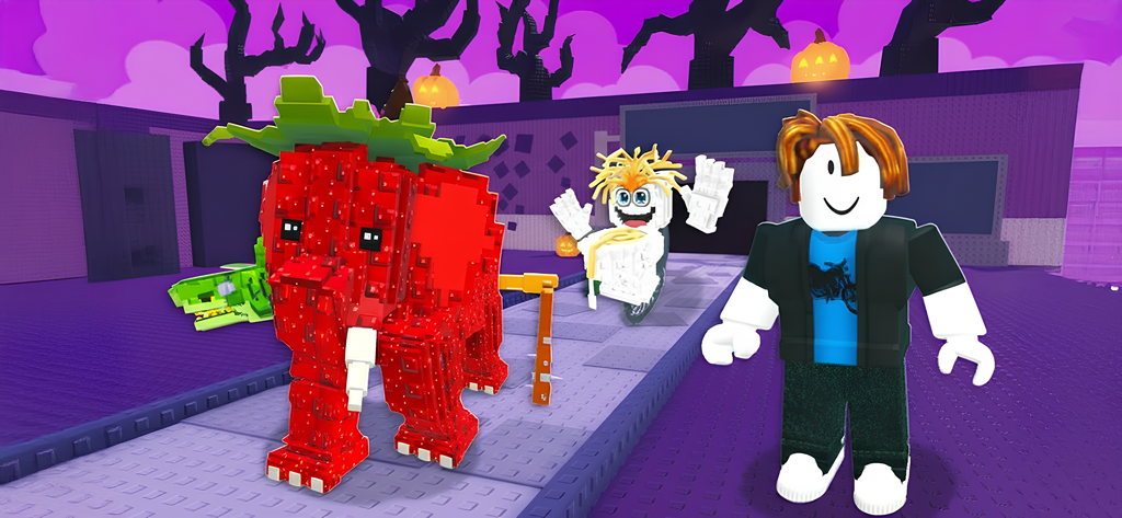 A red strawberry elephant and Roblox style characters in a spooky purple world