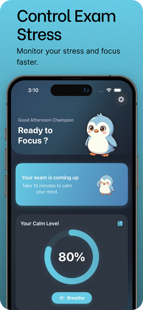 Pingo app interface for managing exam stress featuring a calm level monitor and a cute penguin mascot.