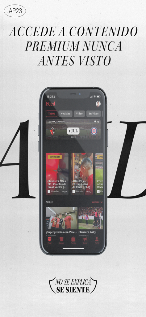 Atlas FC - Pantalla de la aplicación móvil de Atlas FC que muestra el feed de contenido de video premium y el calendario de partidos