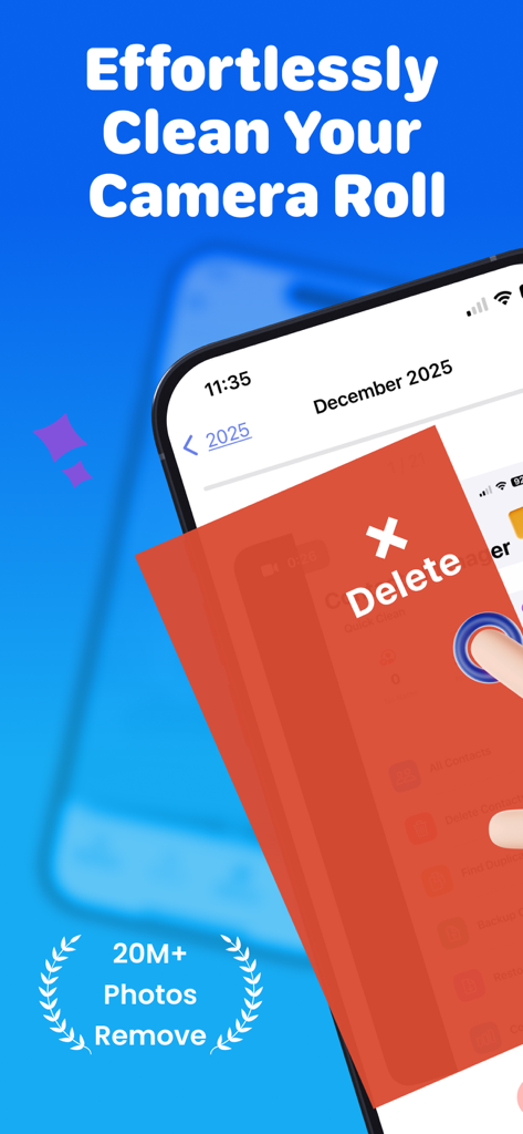PixSwipe: Photo Delete Swipe - Pantalla de la aplicación PixSwipe que muestra un gesto de deslizar para eliminar para limpiar sin esfuerzo el carrete de fotos del iPhone.