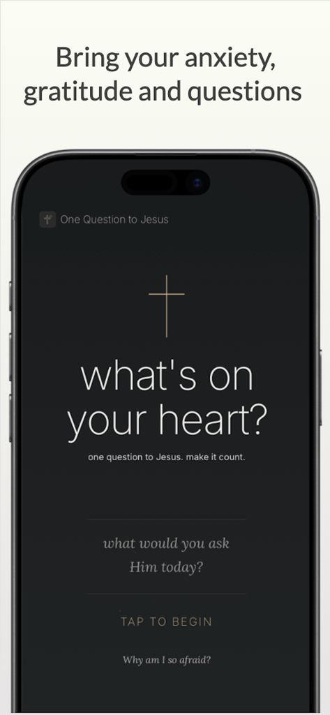 One Question to Jesus - Pantalla de inicio de la aplicación Una Pregunta a Jesús con un diseño de cruz minimalista y la pregunta qué tienes en tu corazón.