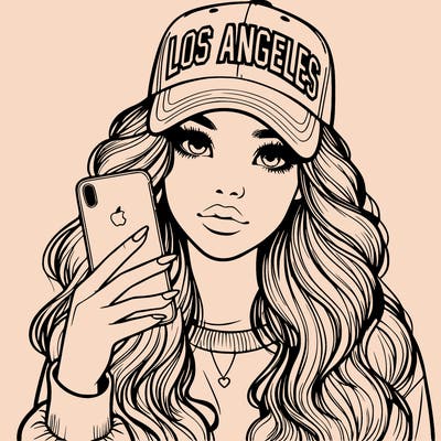 realistic beautiful girl wearing los ángeles cap holding an iphone